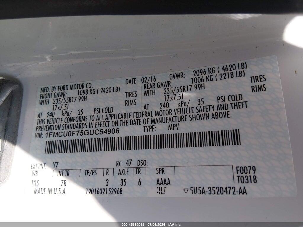 1FMCU0F75GUC54906 2016 FORD ESCAPE photo no. 9