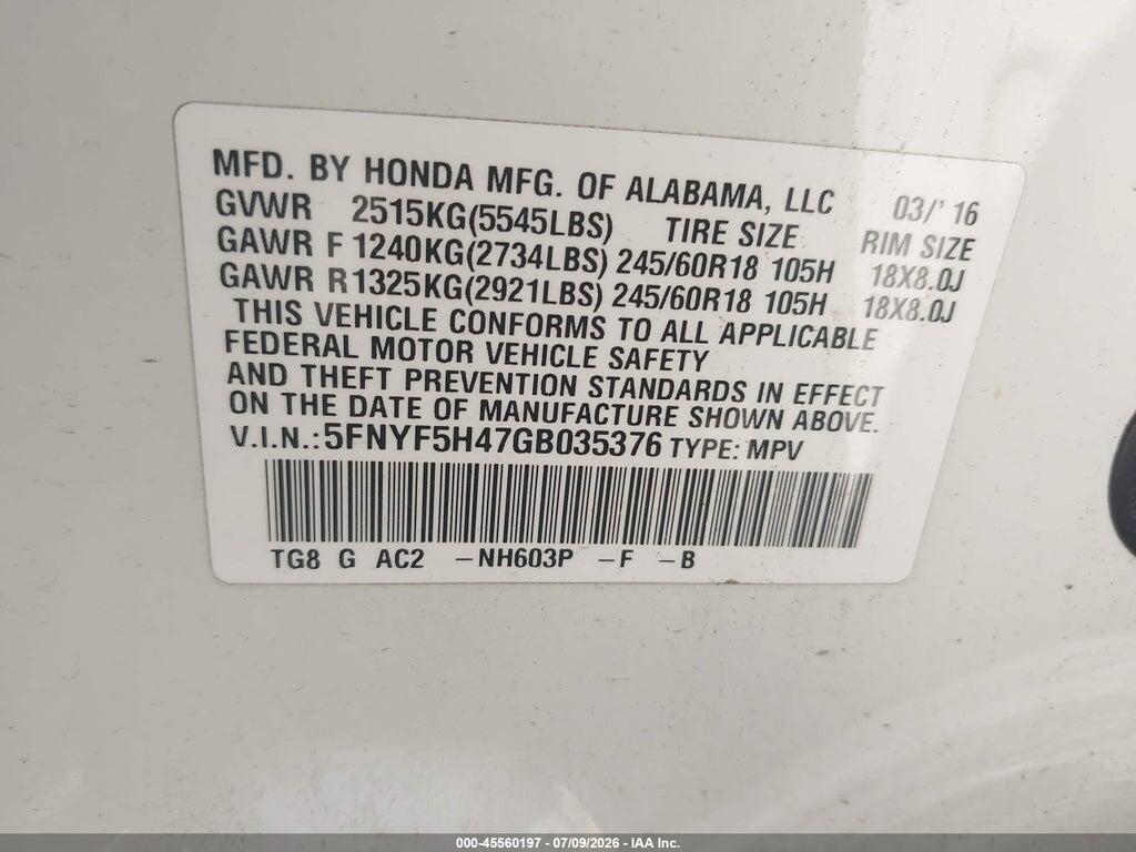 5FNYF5H47GB035376 2016 HONDA PILOT photo no. 9