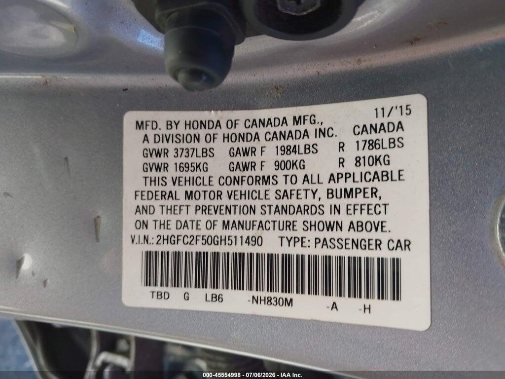 2HGFC2F50GH511490 2016 HONDA CIVIC photo no. 9