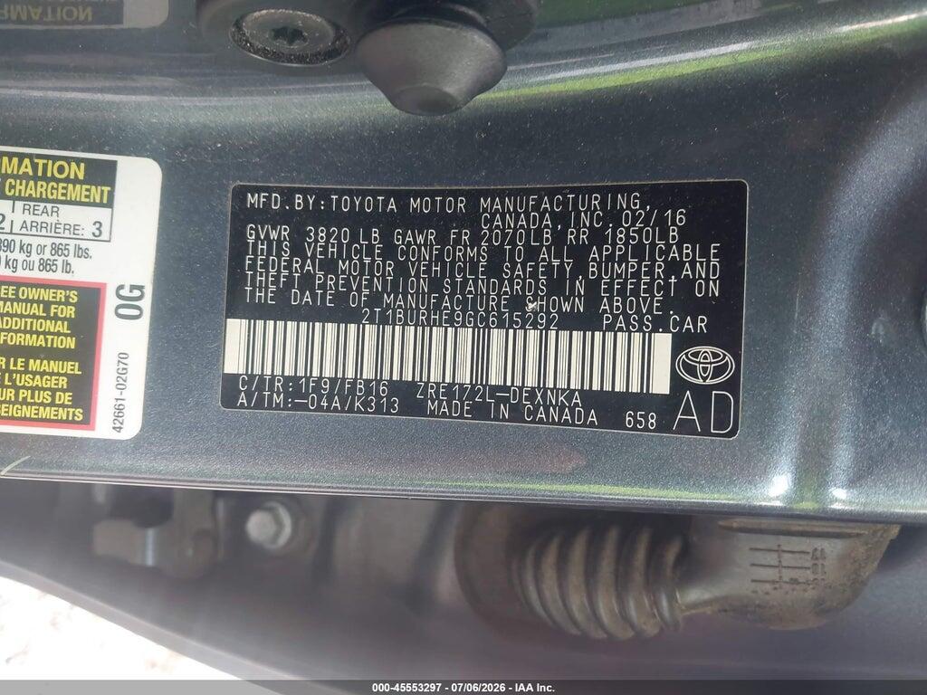 2T1BURHE9GC615292 2016 TOYOTA COROLLA photo no. 9