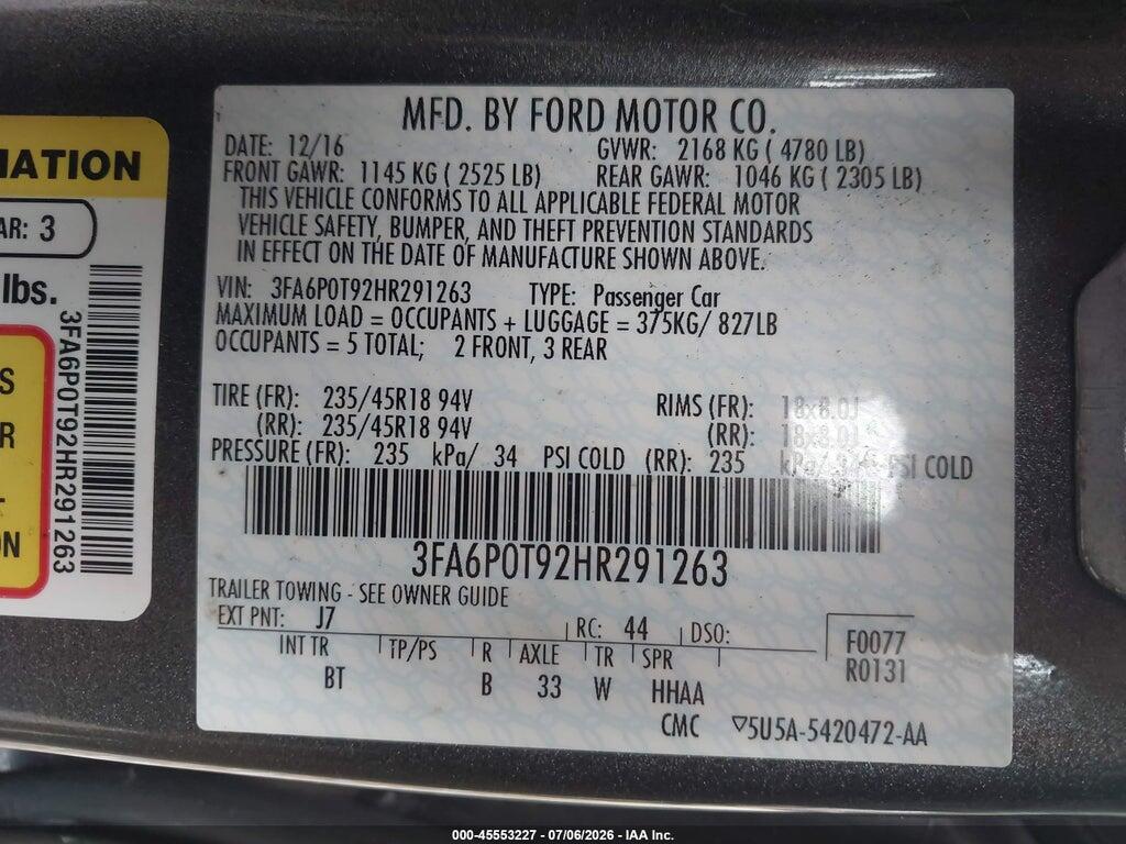 3FA6P0T92HR291263 2017 FORD FUSION photo no. 9