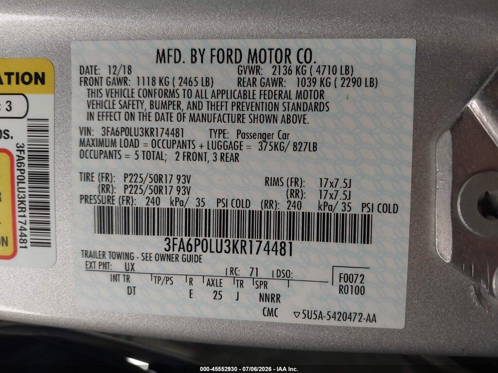 3FA6P0LU3KR174481 2019 FORD FUSION HYBRID photo no. 9