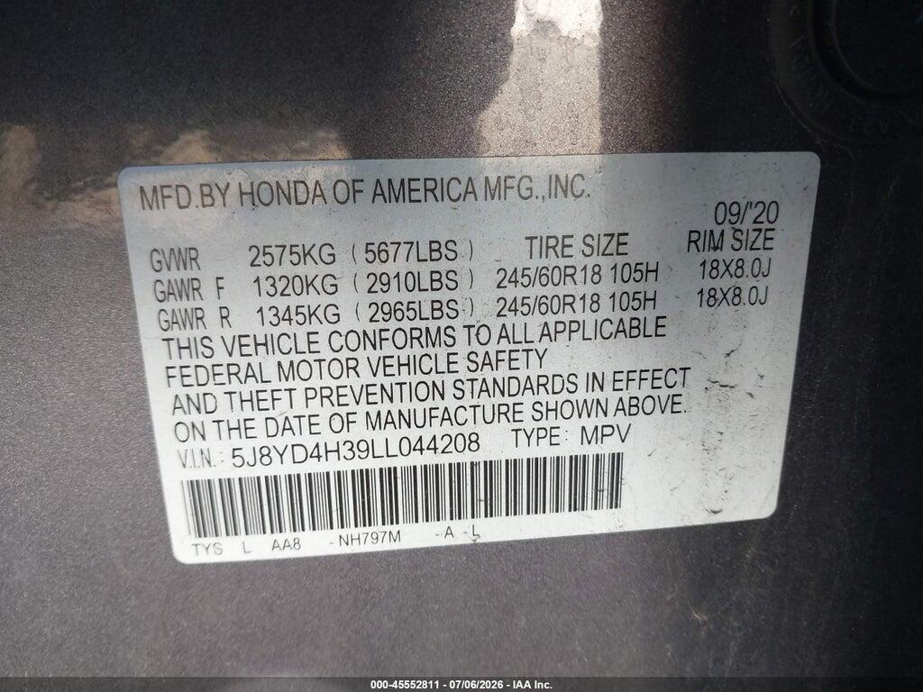 5J8YD4H39LL044208 2020 ACURA MDX photo no. 9
