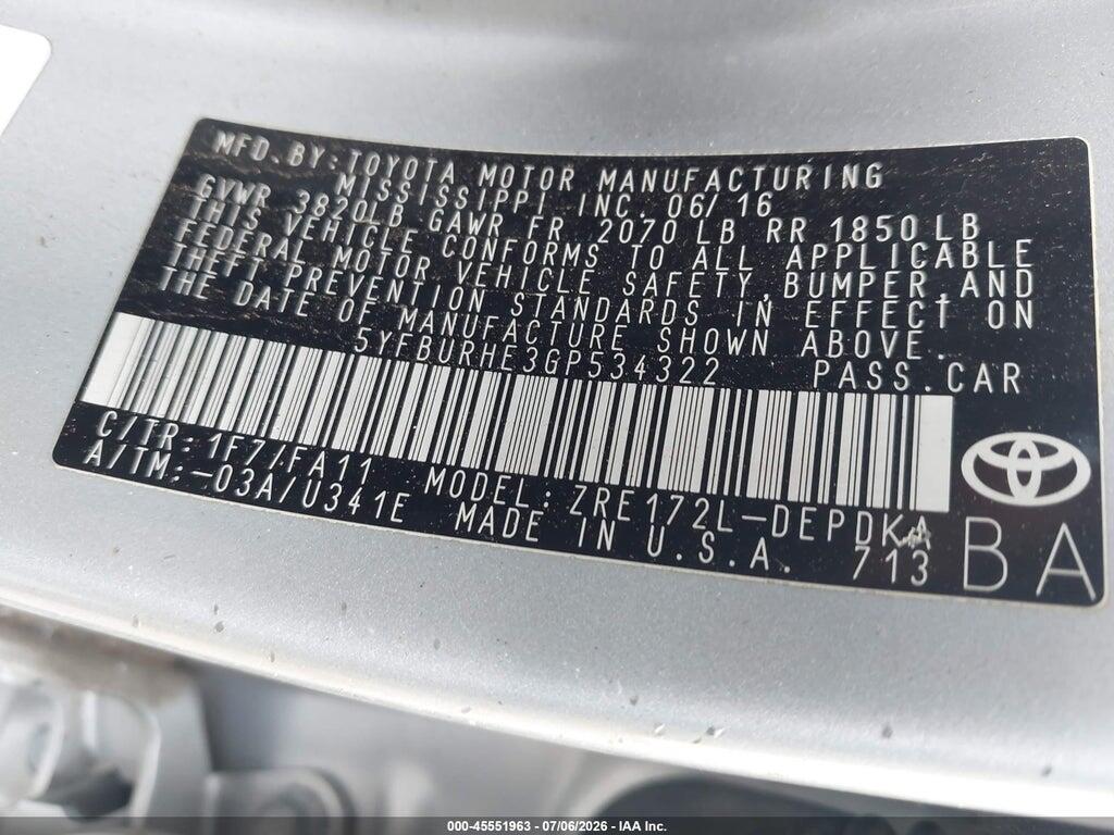 5YFBURHE3GP534322 2016 TOYOTA COROLLA photo no. 9