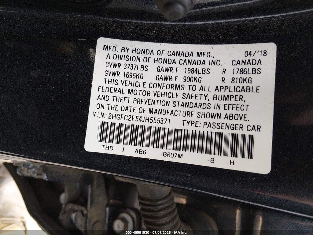 2HGFC2F54JH555371 2018 HONDA CIVIC photo no. 9