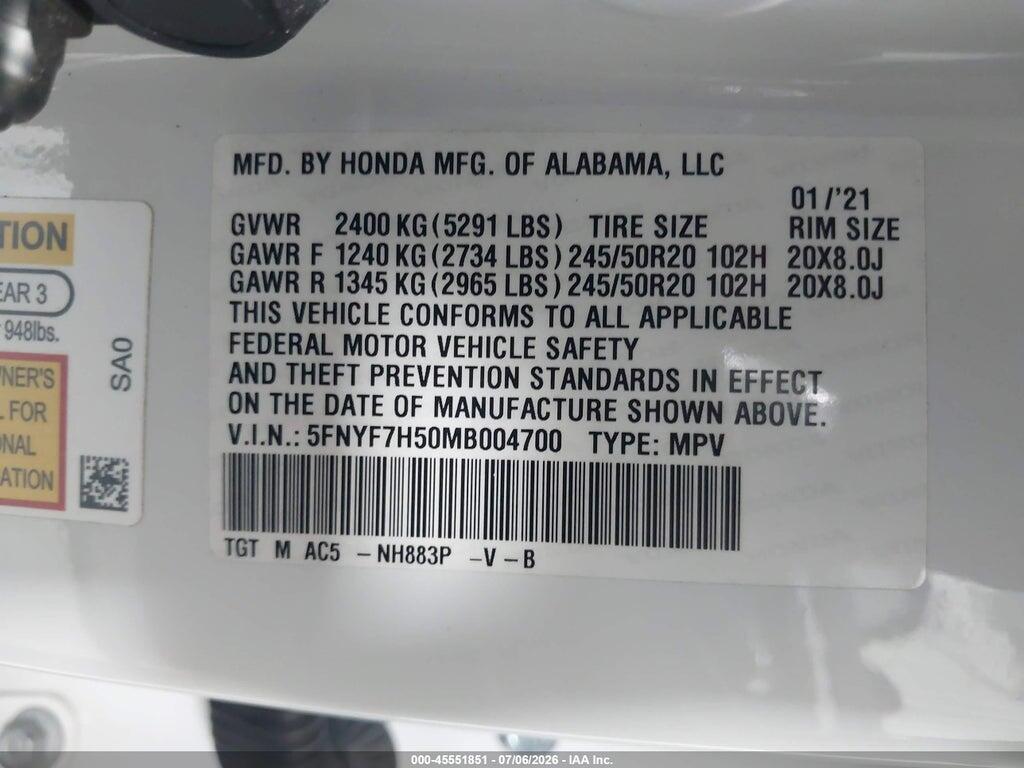 5FNYF7H50MB004700 2021 HONDA PASSPORT photo no. 9