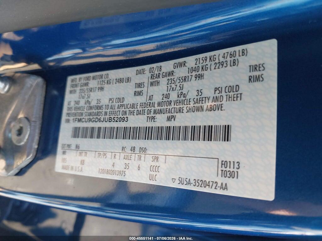 1FMCU9GD6JUB52093 2018 FORD ESCAPE photo no. 9