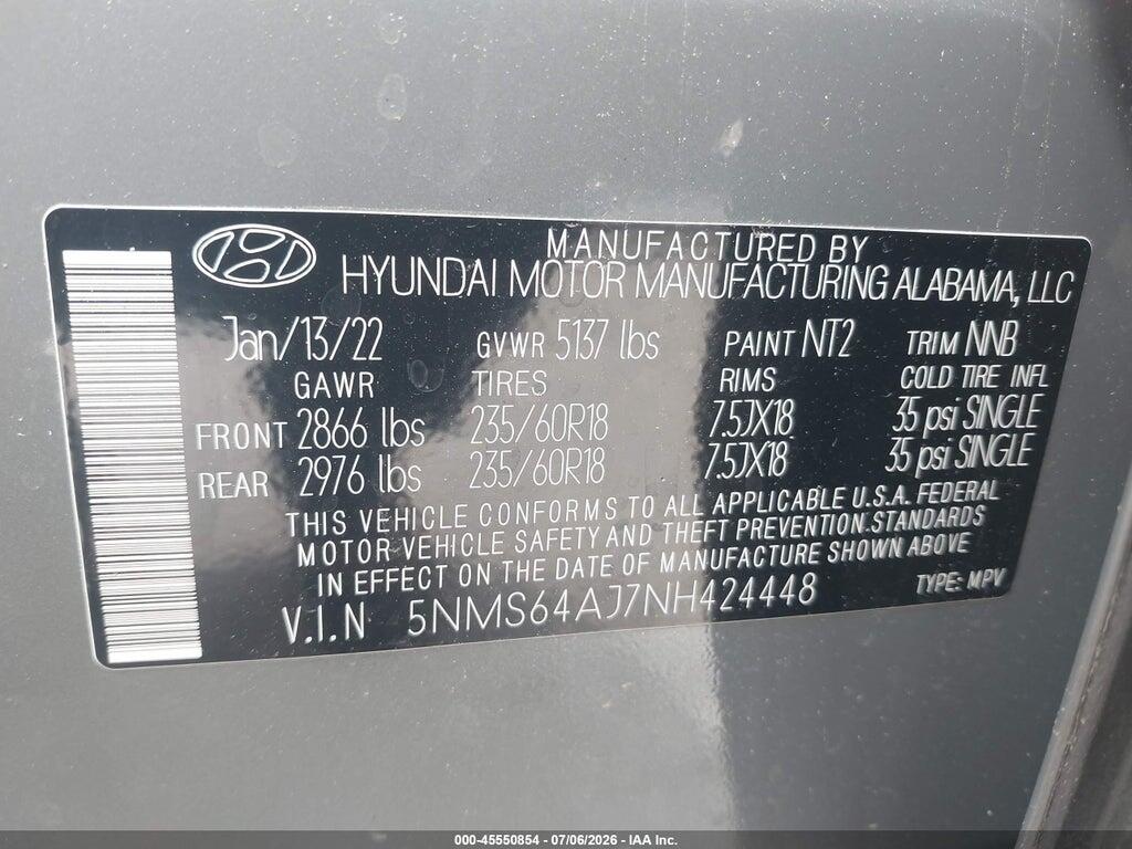 5NMS64AJ7NH424448 2022 HYUNDAI SANTA FE photo no. 9
