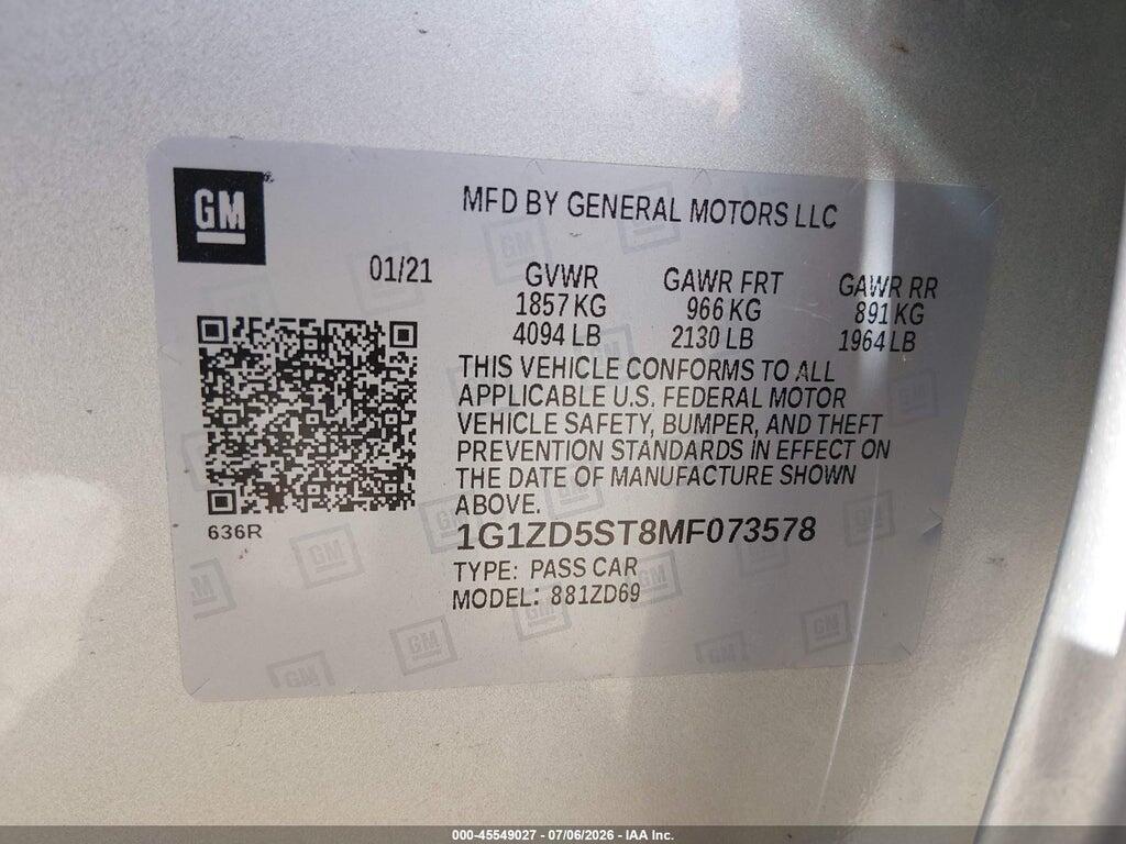 1G1ZD5ST8MF073578 2021 CHEVROLET MALIBU photo no. 9