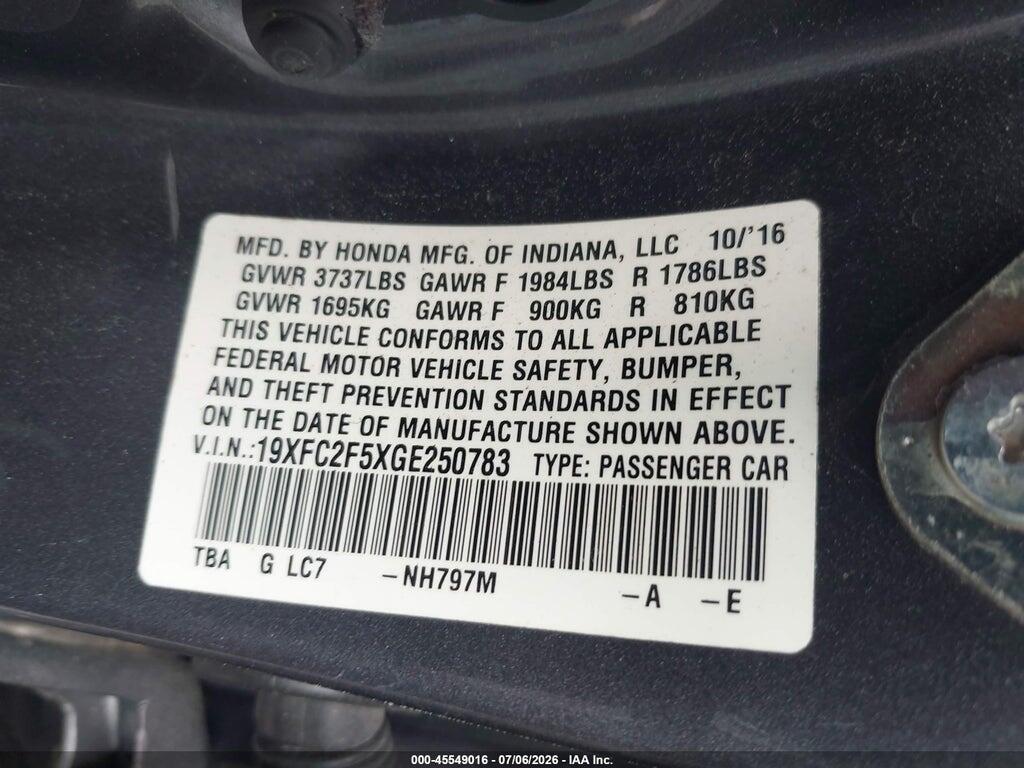 19XFC2F5XGE250783 2016 HONDA CIVIC photo no. 9