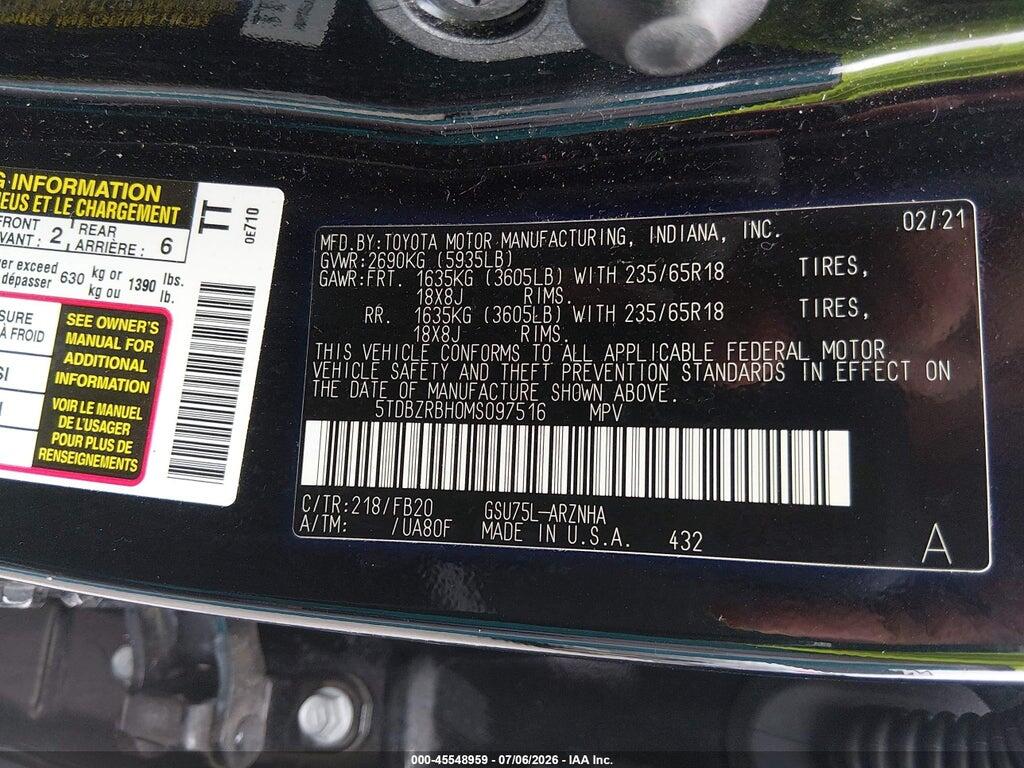 5TDBZRBH0MS097516 2021 TOYOTA HIGHLANDER photo no. 9