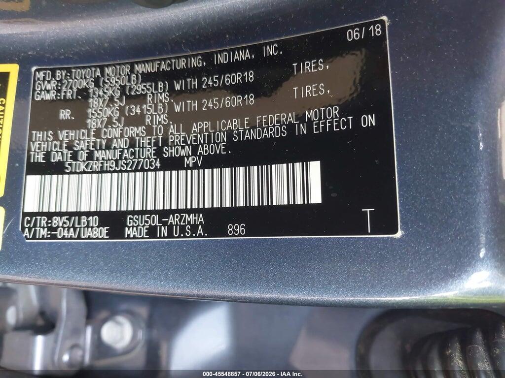 5TDKZRFH9JS277034 2018 TOYOTA HIGHLANDER photo no. 9