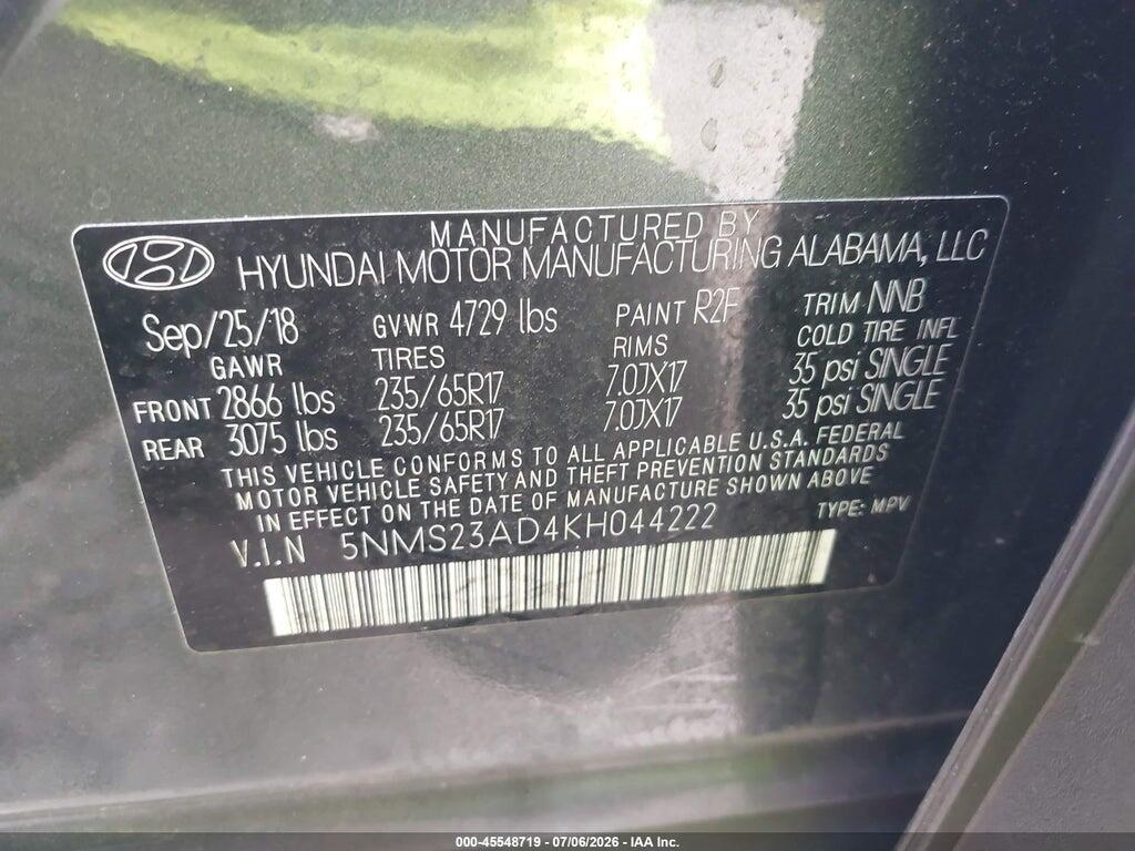 5NMS23AD4KH044222 2019 HYUNDAI SANTA FE photo no. 9