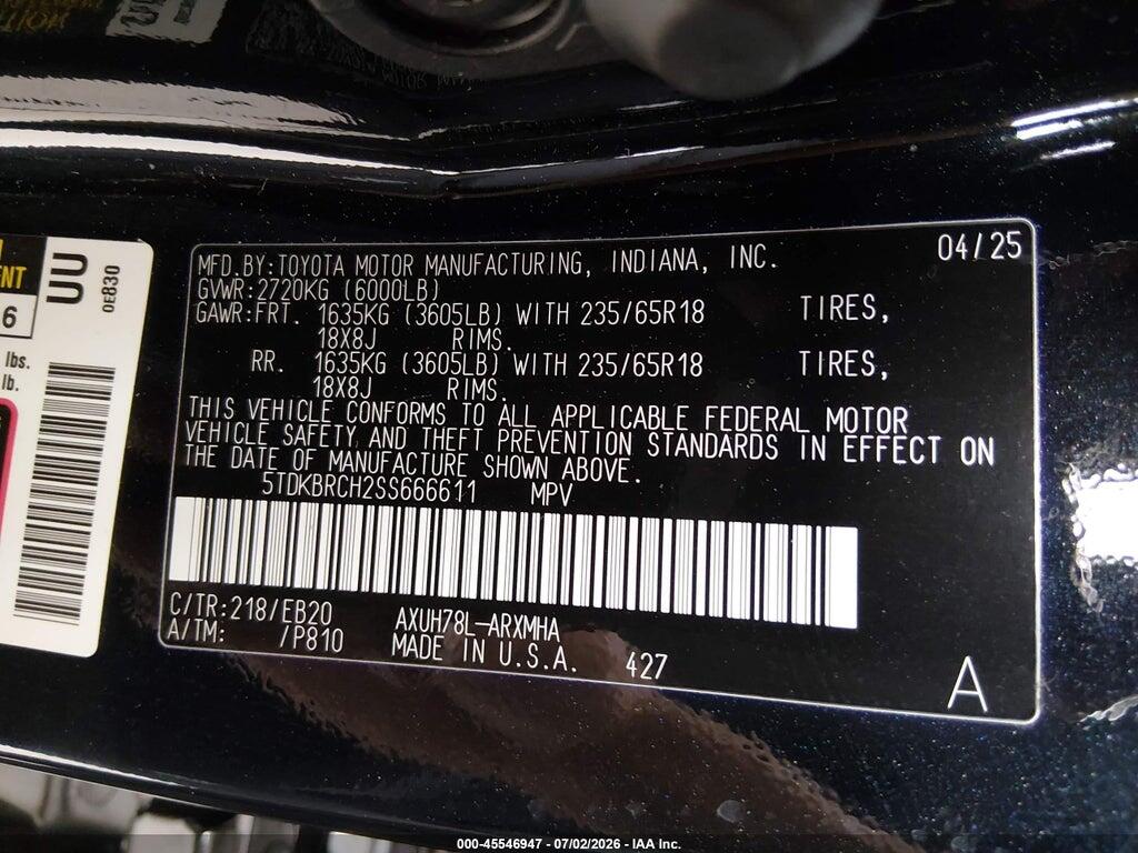 5TDKBRCH2SS666611 2025 TOYOTA HIGHLANDER HYBRID photo no. 9