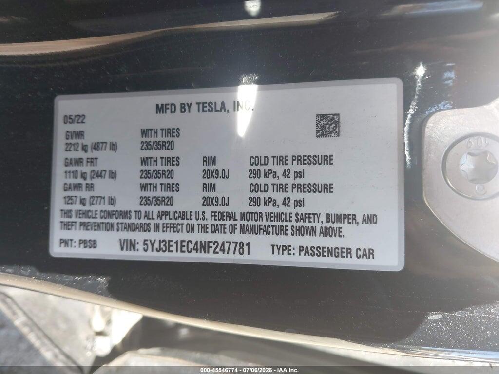 5YJ3E1EC4NF247781 2022 TESLA MODEL 3 photo no. 9