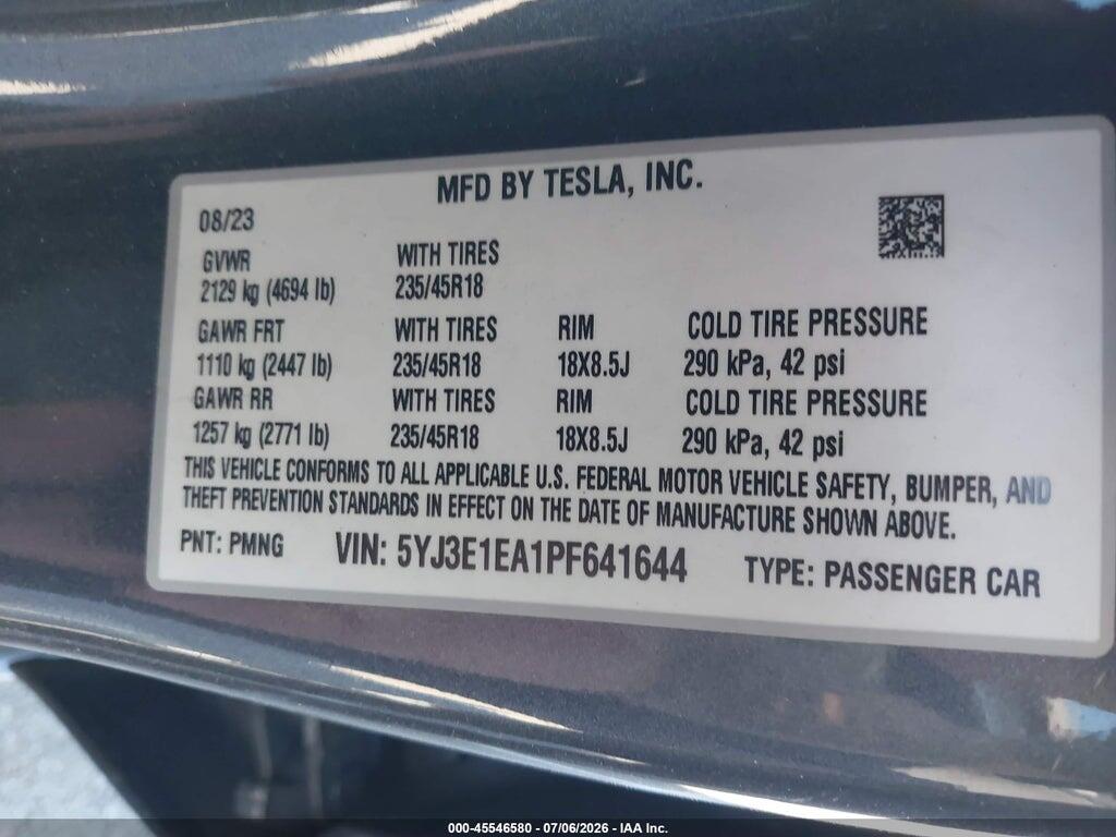 5YJ3E1EA1PF641644 2023 TESLA MODEL 3 photo no. 9