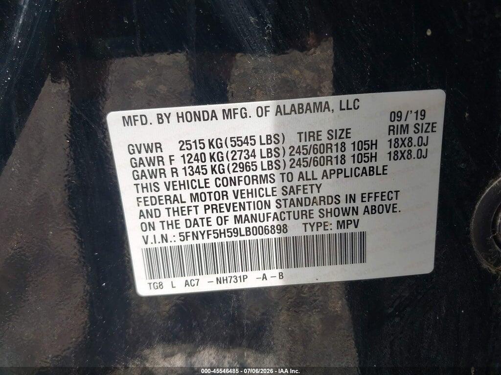 5FNYF5H59LB006898 2020 HONDA PILOT photo no. 9