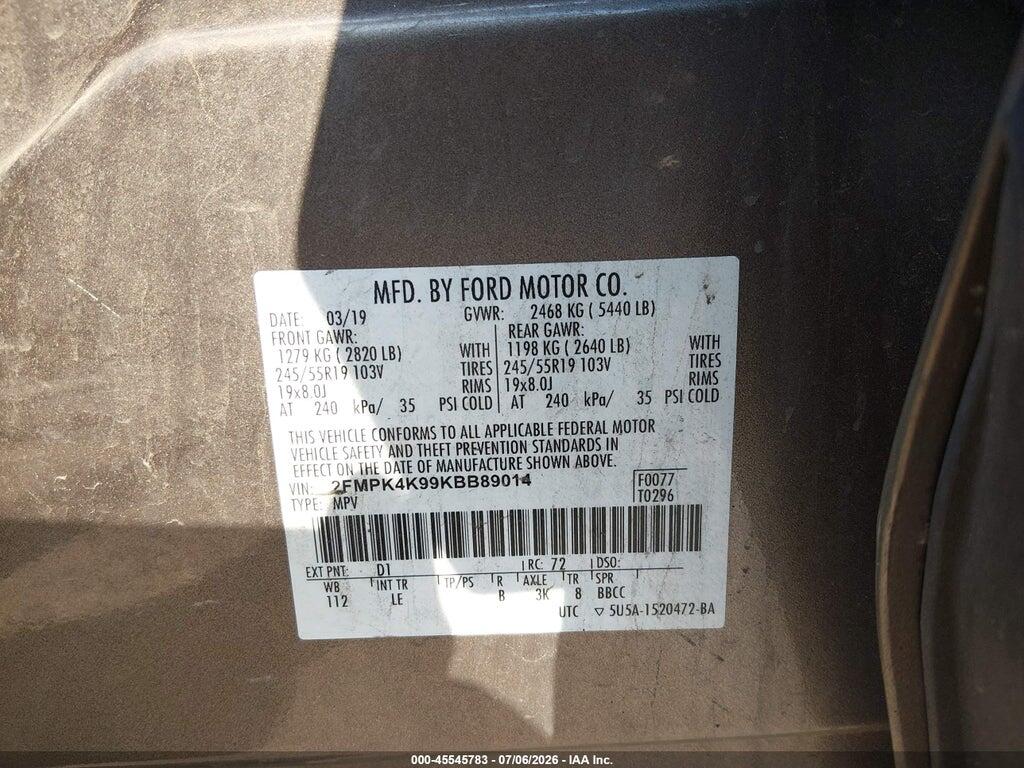 2FMPK4K99KBB89014 2019 FORD EDGE photo no. 9