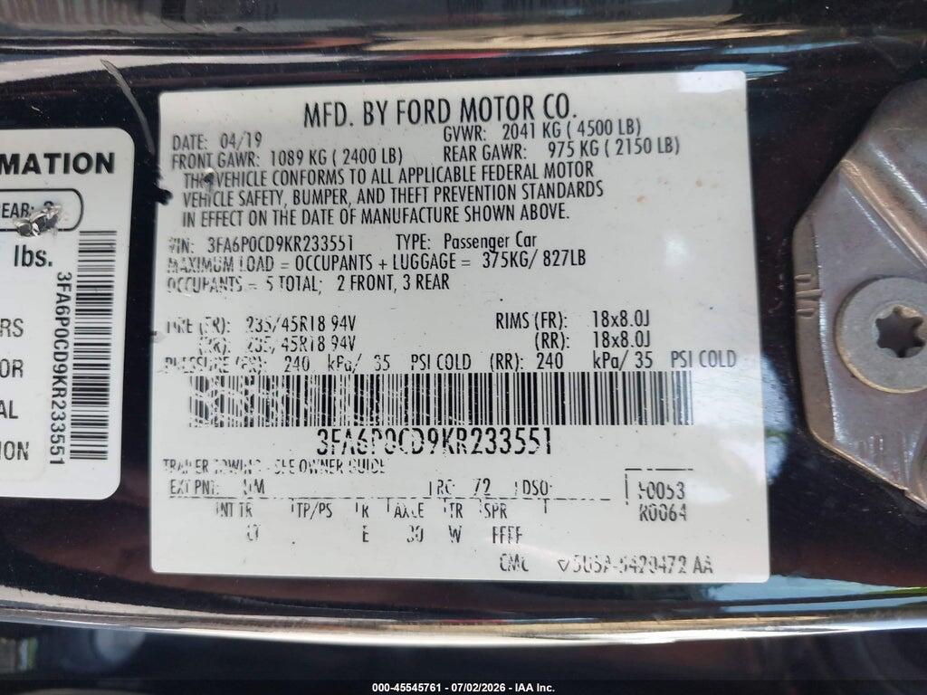 3FA6P0CD9KR233551 2019 FORD FUSION photo no. 9