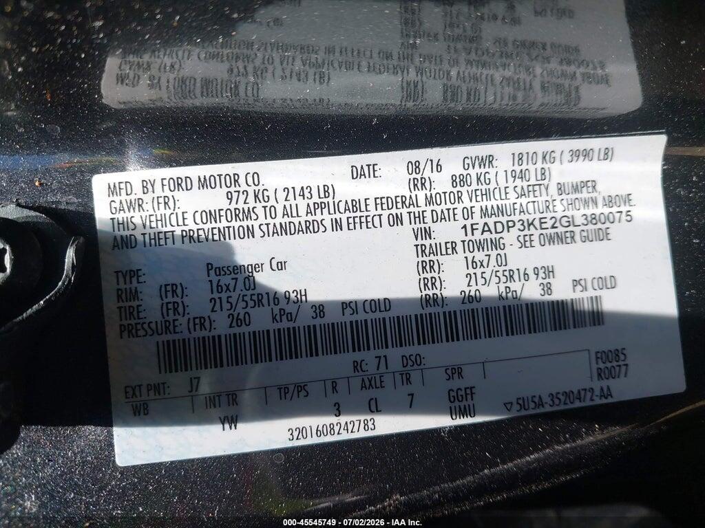 1FADP3KE2GL380075 2016 FORD FOCUS photo no. 9