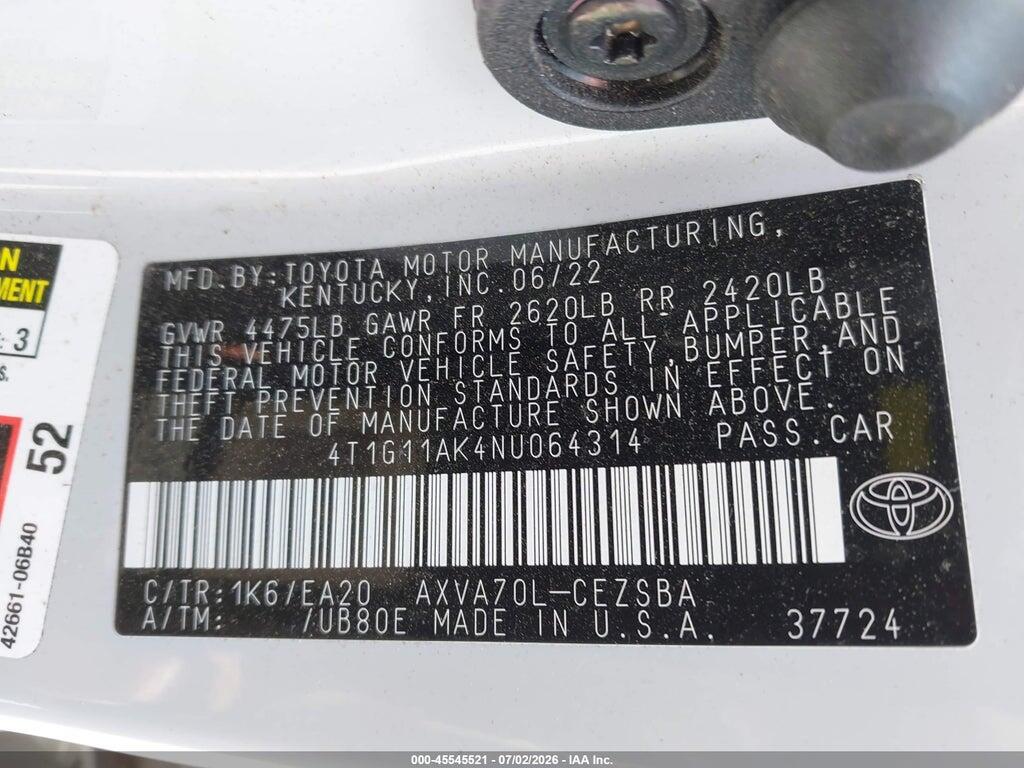 4T1G11AK4NU064314 2022 TOYOTA CAMRY photo no. 9