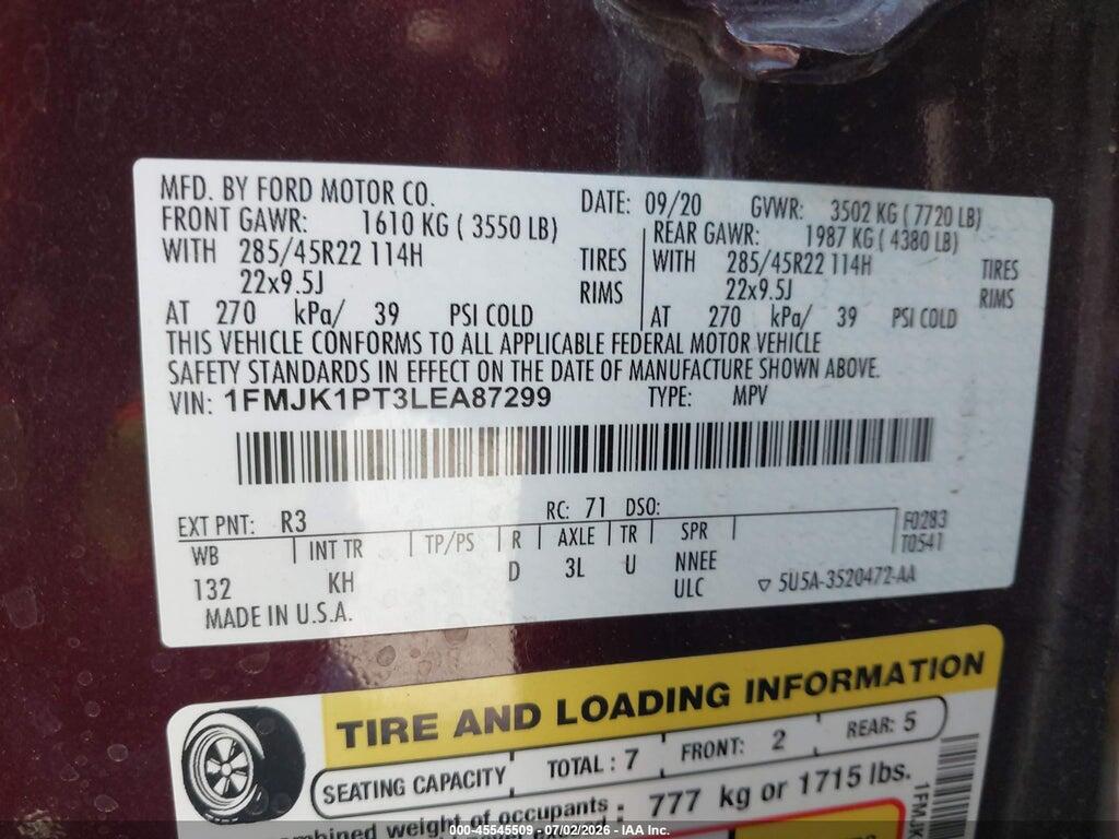 1FMJK1PT3LEA87299 2020 FORD EXPEDITION photo no. 9