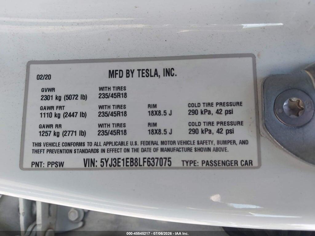 5YJ3E1EB8LF637075 2020 TESLA MODEL 3 photo no. 9