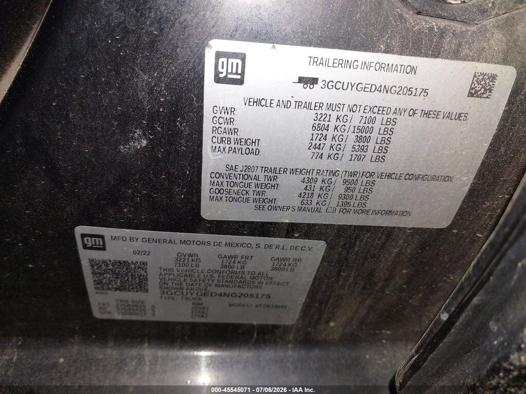 3GCUYGED4NG205175 2022 CHEVROLET SILVERADO 1500 LTD photo no. 9