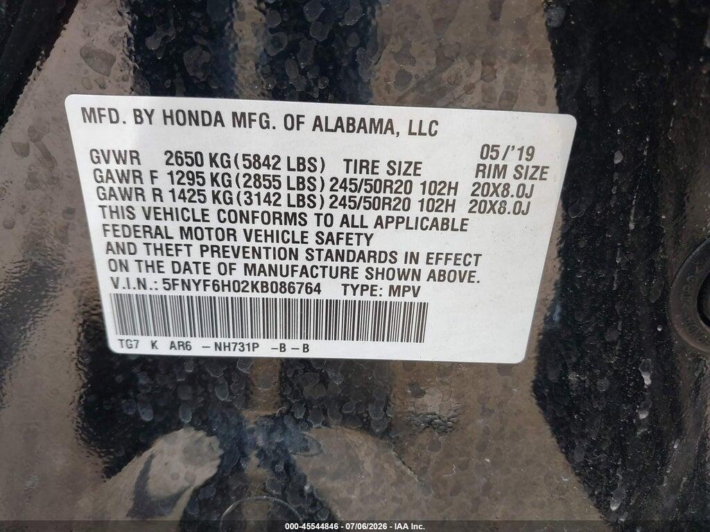 5FNYF6H02KB086764 2019 HONDA PILOT photo no. 9