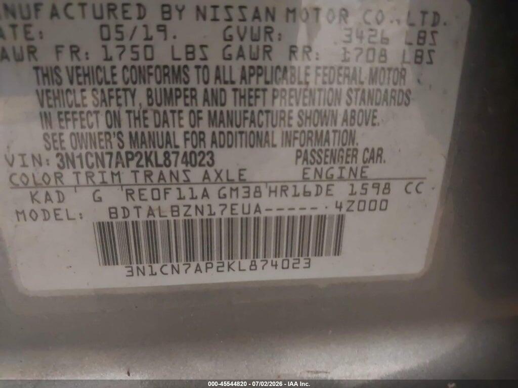 3N1CN7AP2KL874023 2019 NISSAN VERSA photo no. 9