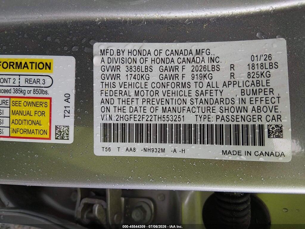 2HGFE2F22TH553251 2026 HONDA CIVIC photo no. 9