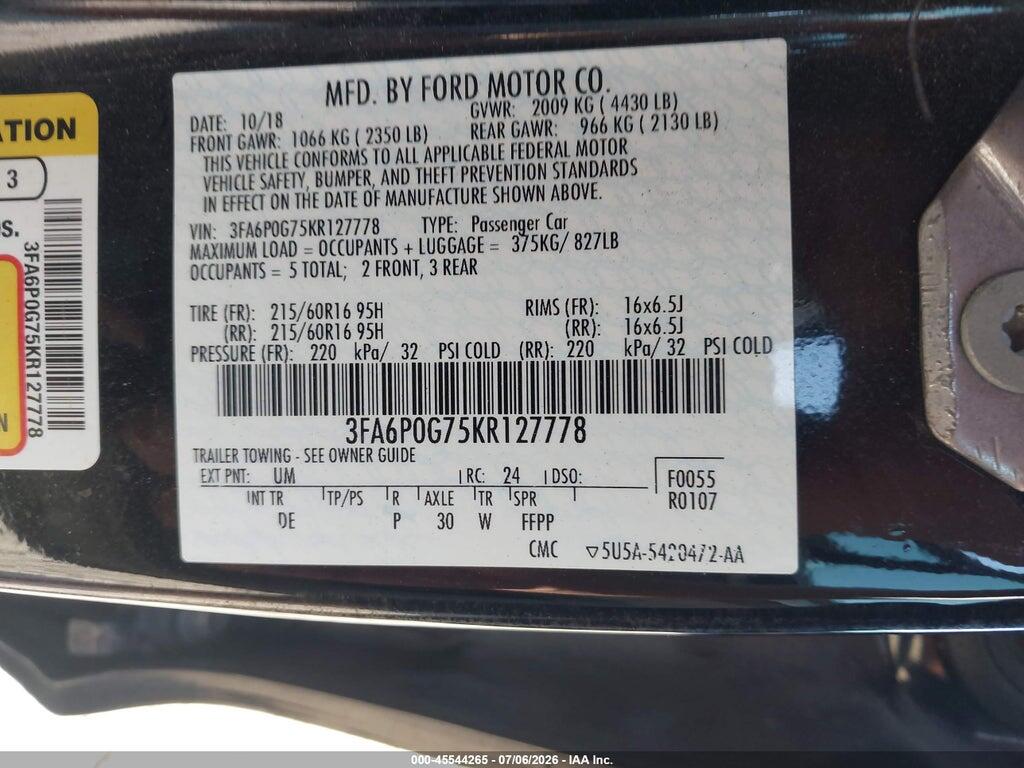 3FA6P0G75KR127778 2019 FORD FUSION photo no. 9