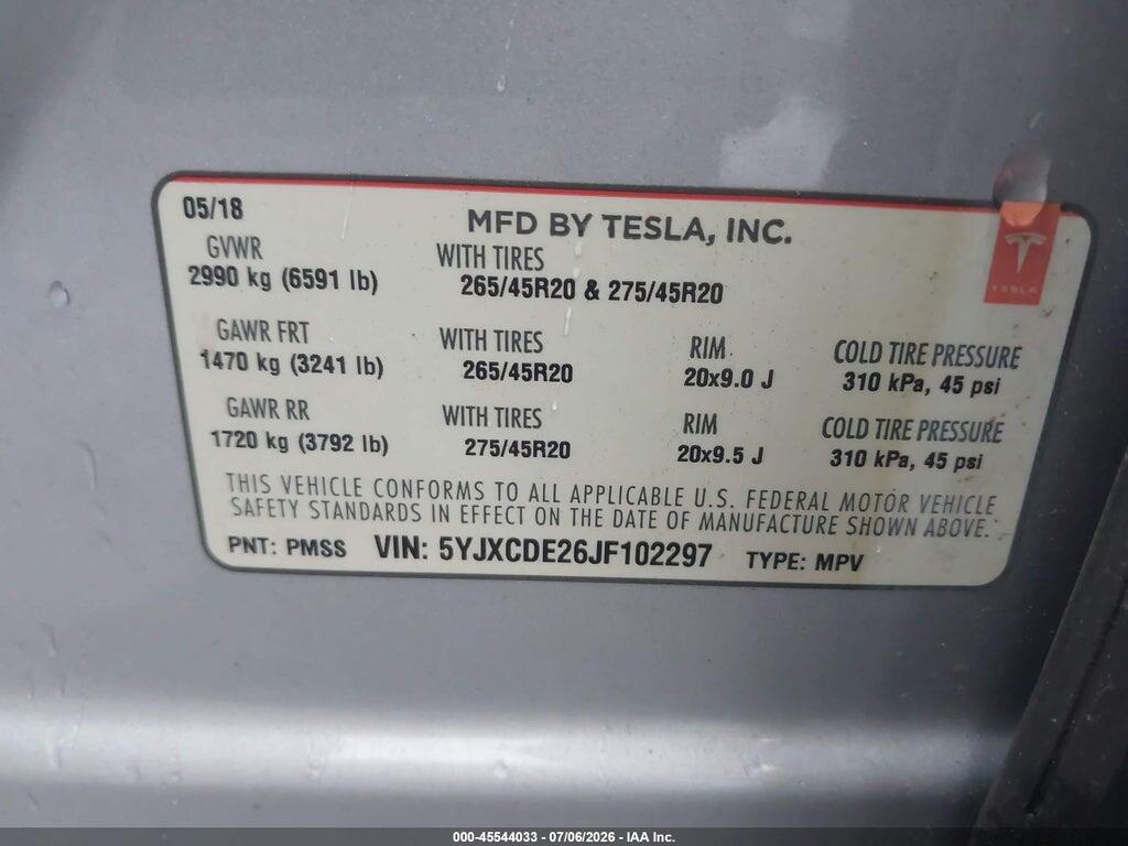 5YJXCDE26JF102297 2018 TESLA MODEL X photo no. 9