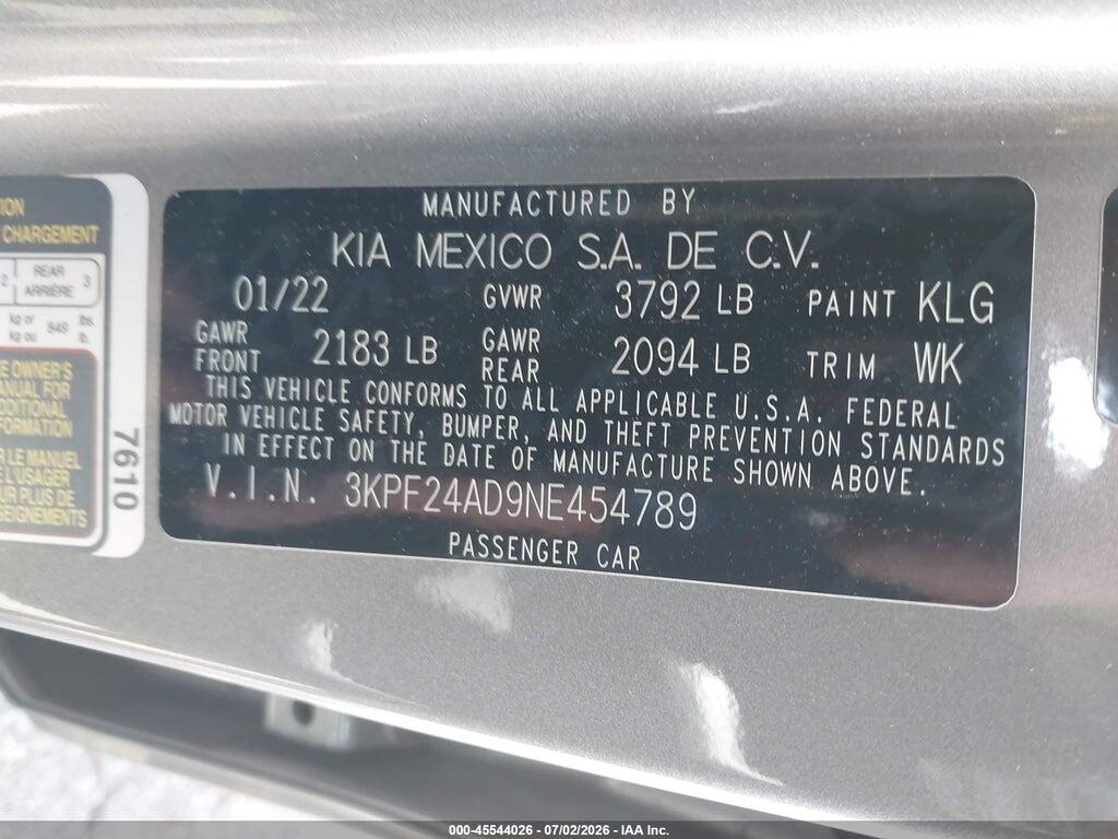 3KPF24AD9NE454789 2022 KIA FORTE photo no. 9