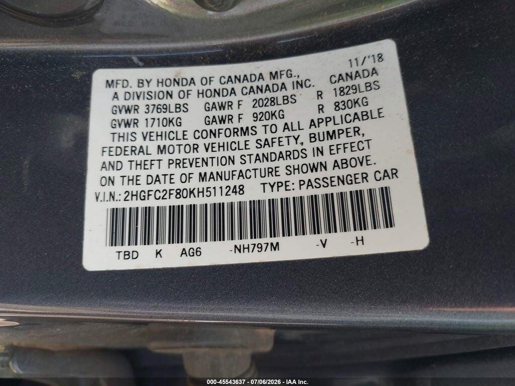 2HGFC2F80KH511248 2019 HONDA CIVIC photo no. 9
