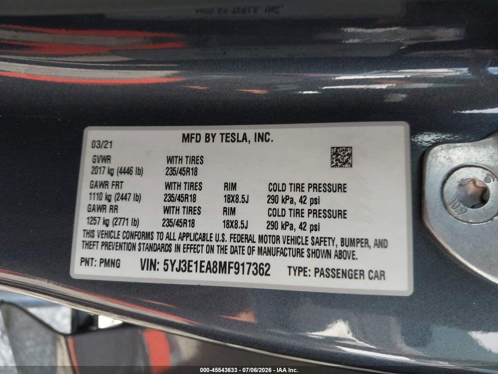 5YJ3E1EA8MF917362 2021 TESLA MODEL 3 photo no. 9