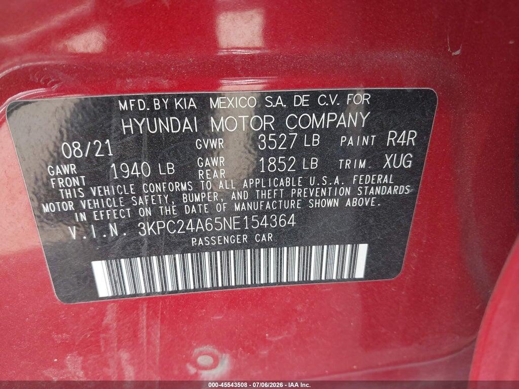 3KPC24A65NE154364 2022 HYUNDAI ACCENT photo no. 9