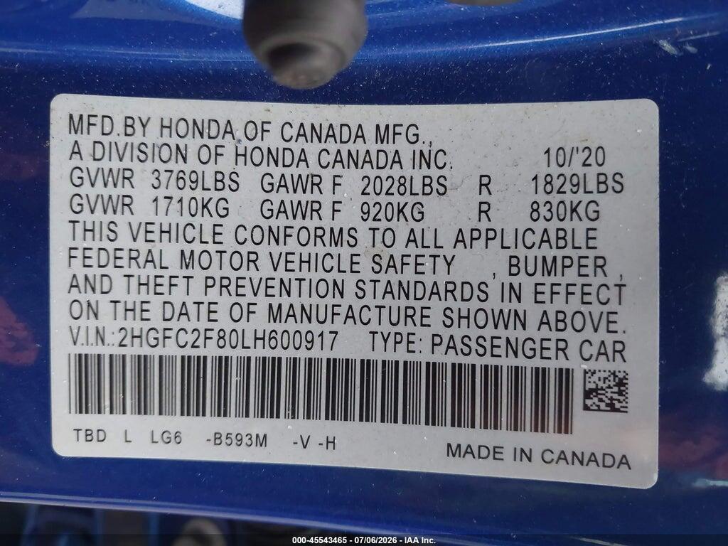 2HGFC2F80LH600917 2020 HONDA CIVIC photo no. 9