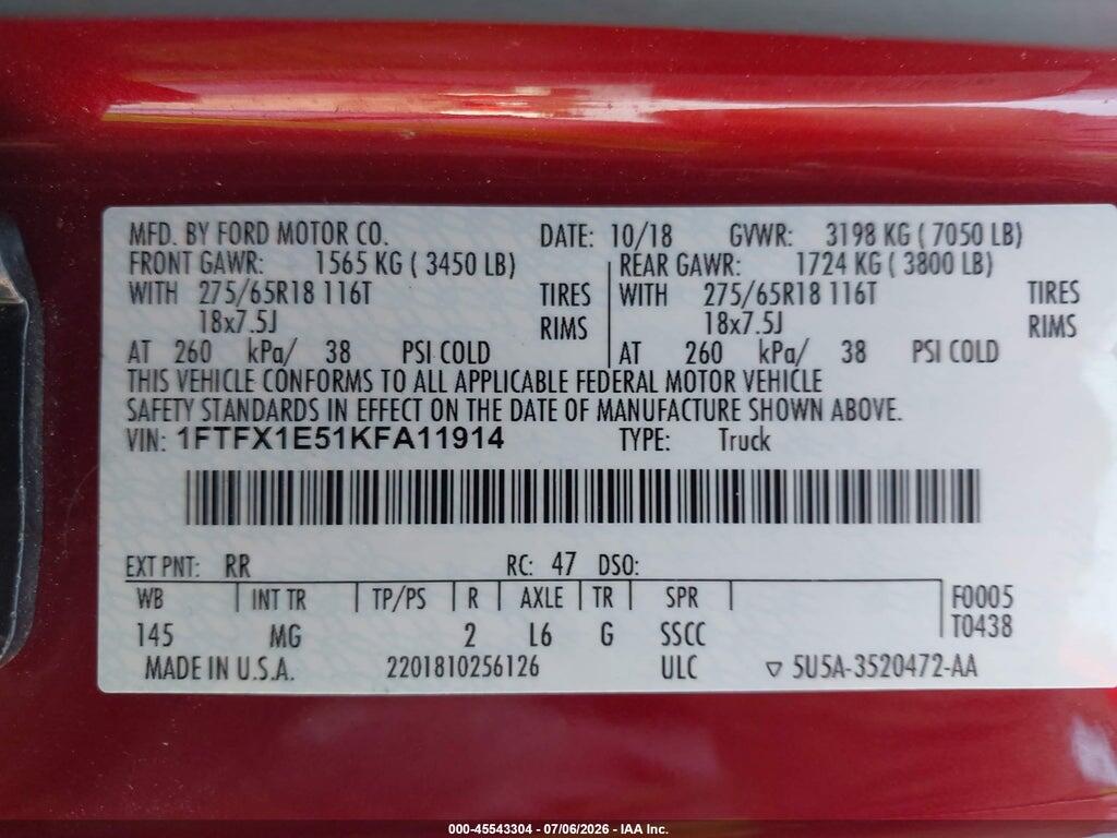 1FTFX1E51KFA11914 2019 FORD F-150 photo no. 9