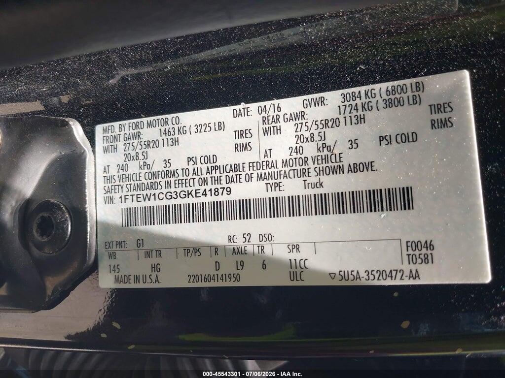 1FTEW1CG3GKE41879 2016 FORD F-150 photo no. 9