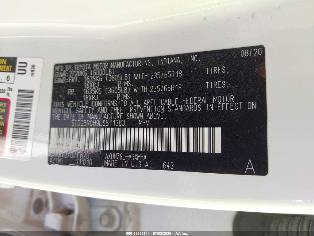 5TDGBRCH9LS511383 2020 TOYOTA HIGHLANDER photo no. 9