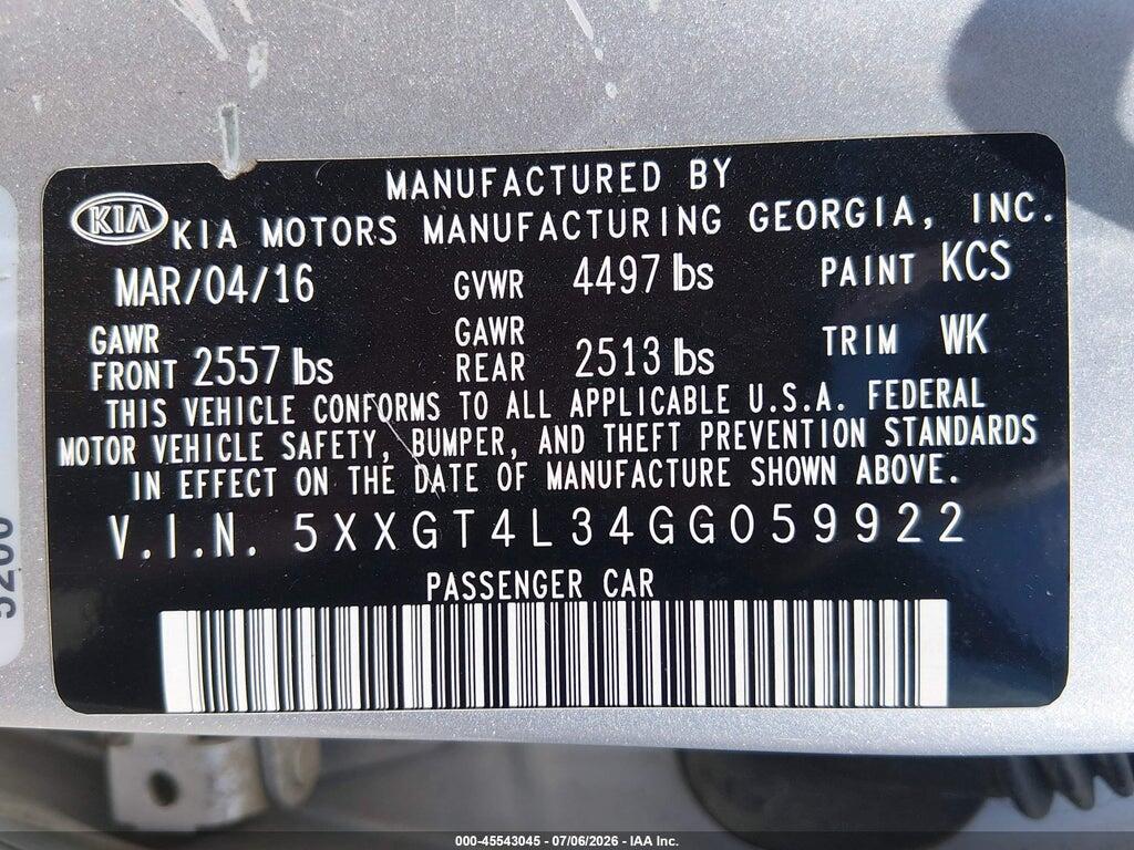 5XXGT4L34GG059922 2016 KIA OPTIMA photo no. 9