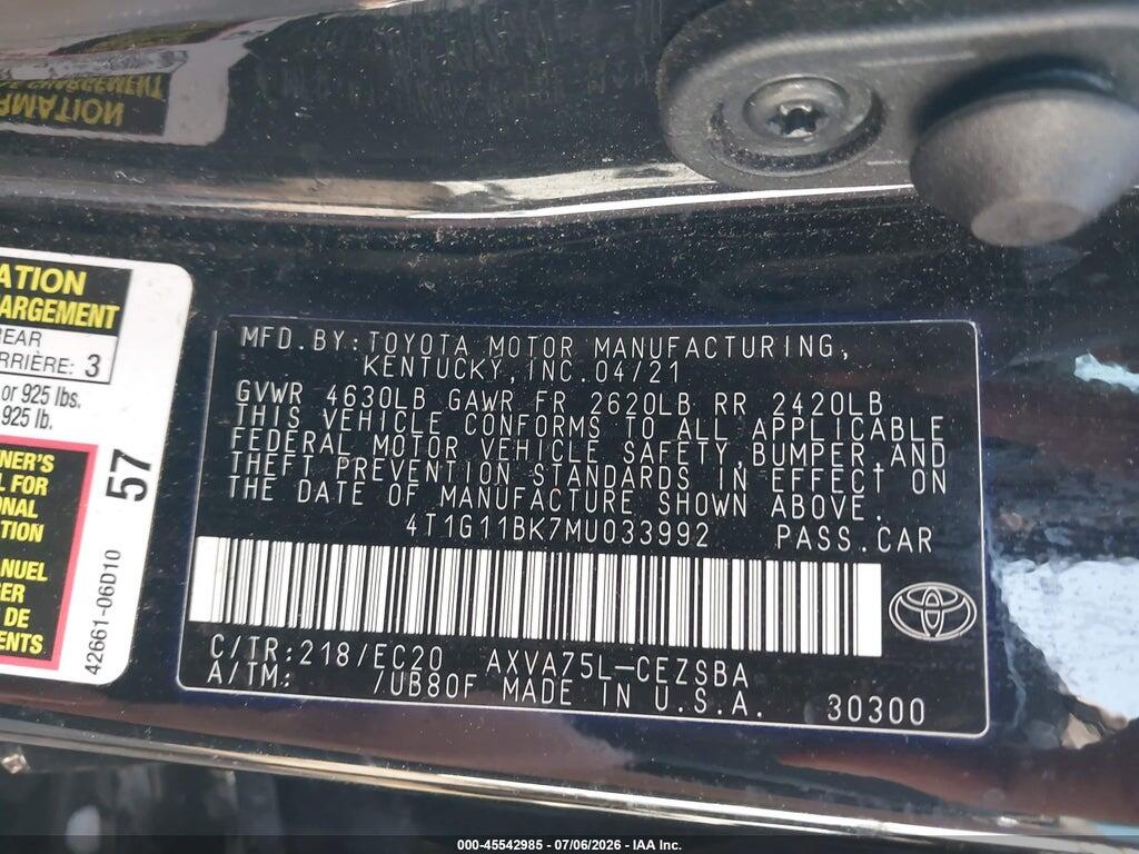 4T1G11BK7MU033992 2021 TOYOTA CAMRY photo no. 9