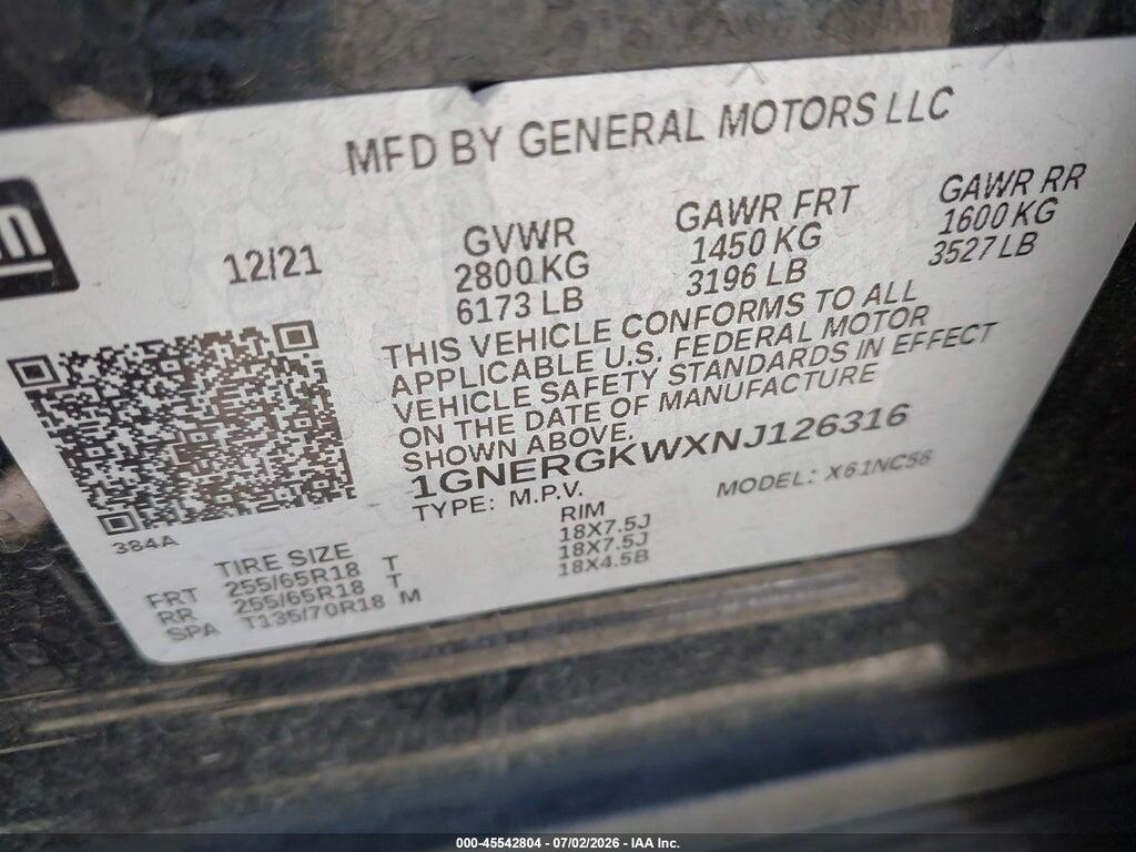 1GNERGKWXNJ126316 2022 CHEVROLET TRAVERSE photo no. 9