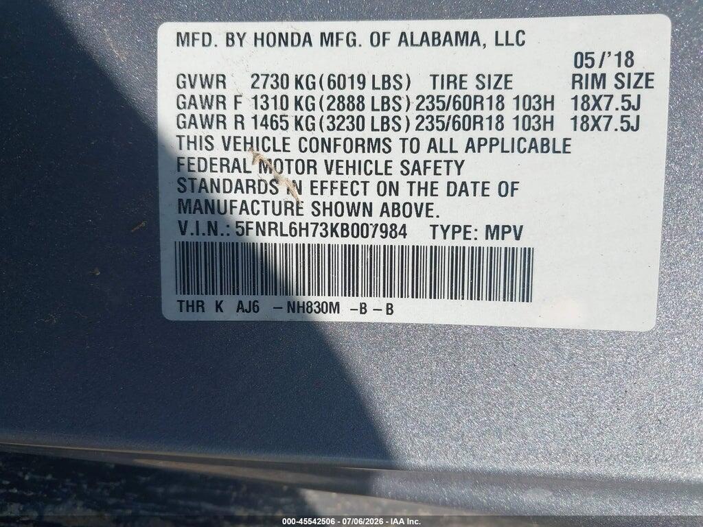 5FNRL6H73KB007984 2019 HONDA ODYSSEY photo no. 9