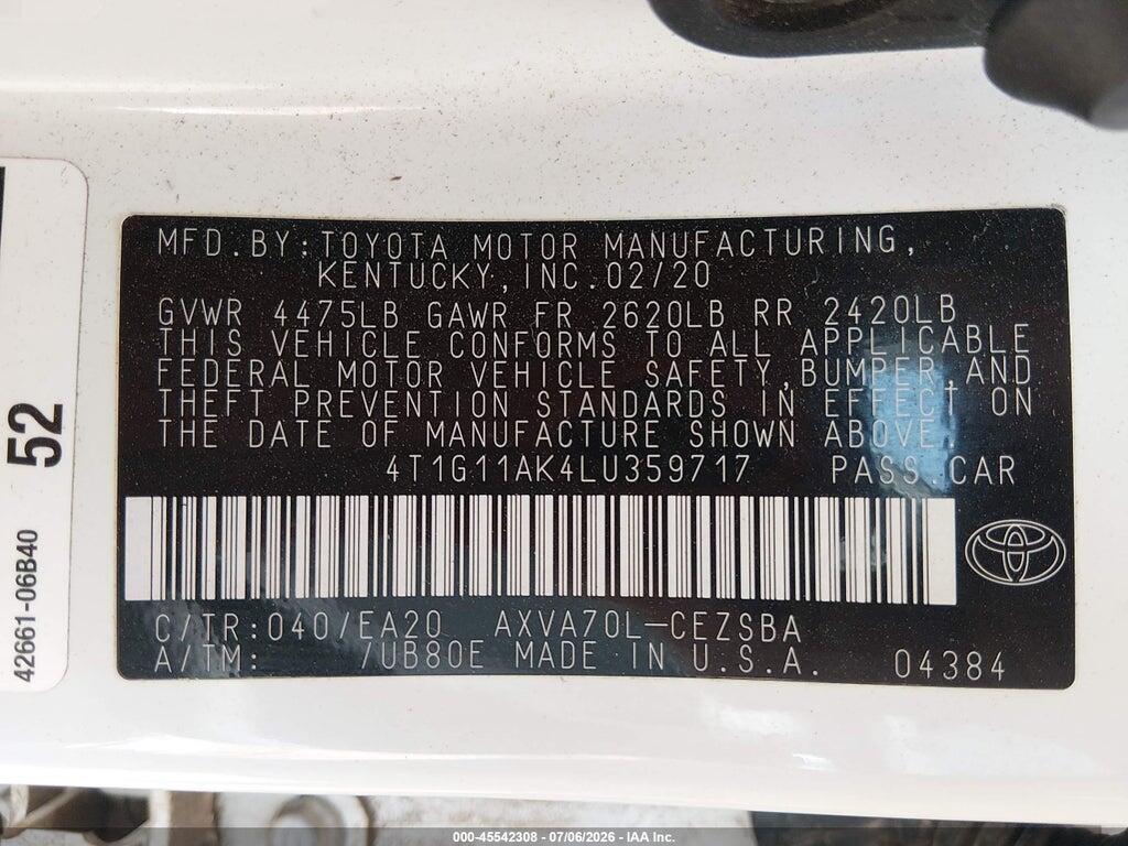 4T1G11AK4LU359717 2020 TOYOTA CAMRY photo no. 9