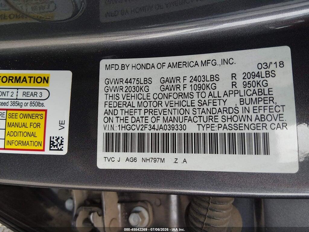 1HGCV2F34JA039330 2018 HONDA ACCORD photo no. 9