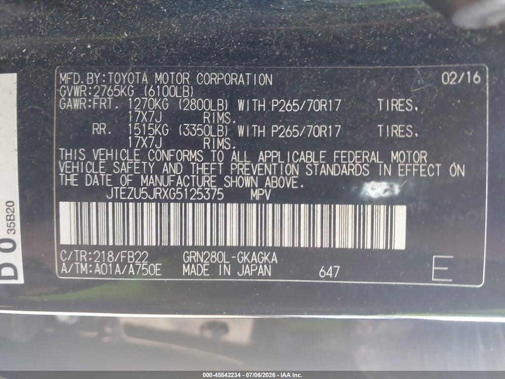 JTEZU5JRXG5125375 2016 TOYOTA 4RUNNER photo no. 9