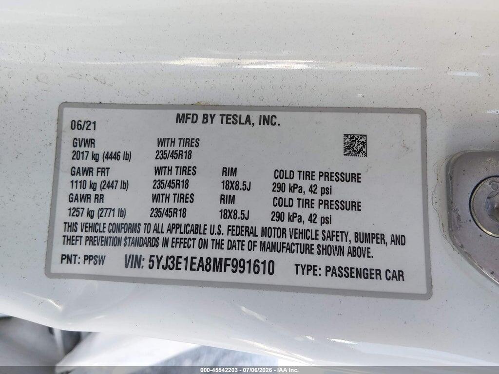 5YJ3E1EA8MF991610 2021 TESLA MODEL 3 photo no. 9