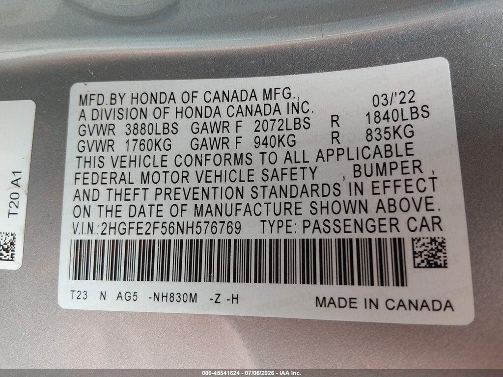 2HGFE2F56NH576769 2022 HONDA CIVIC photo no. 9